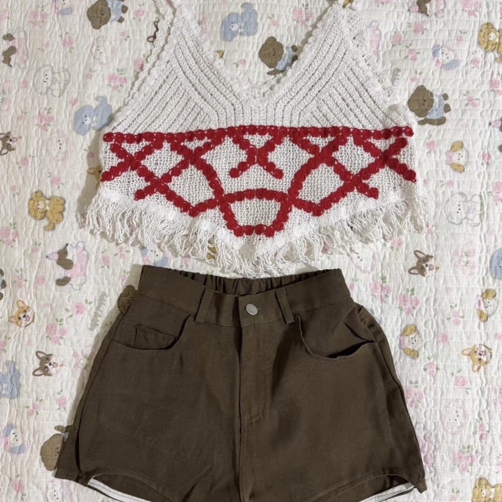 Crochet Fringe Crop Top with Red Pattern